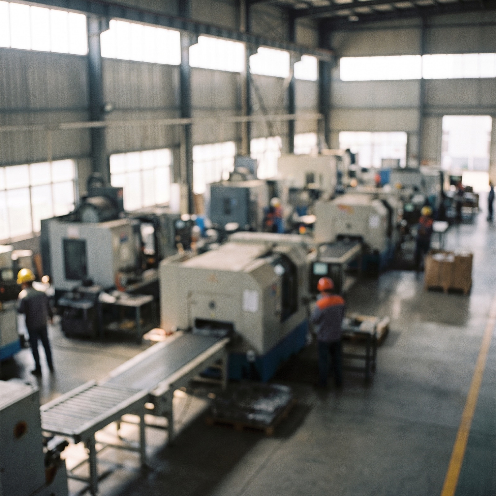 Factory floor with CNC machines and production staff